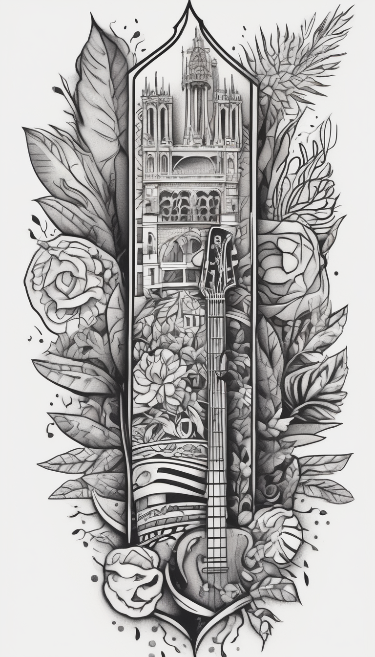 Leg sleeve of the City of barcelona, Spanish plants, music half sleeve tattoo designs for men, design de tatouage Blackwork généré par IA